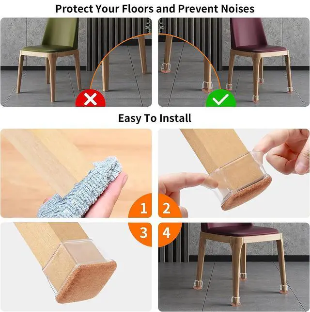 Alt view image 7 of 7 - 24 Pcs Clear Square Chair Leg Floor Protectors with Felt, Silicone Felt Furniture Pads for Hardwood Floor, Dining Table Leg Caps Covers No Scratches and Noise (L Fit: 1.1" - 1.34")