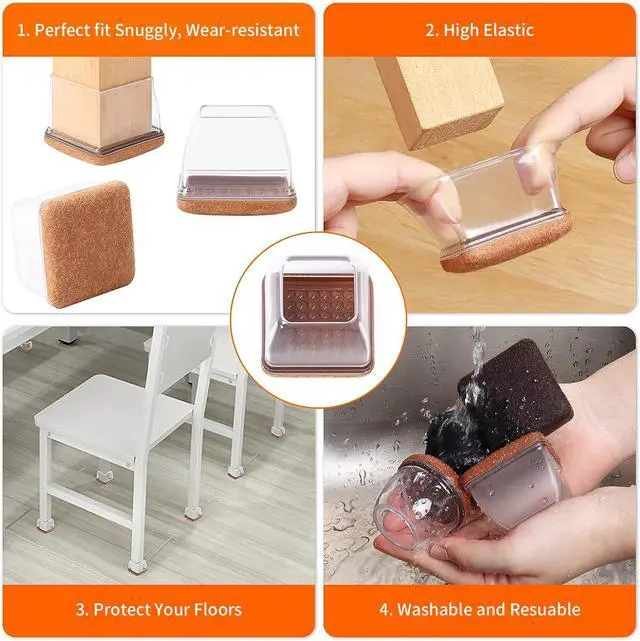 Alt view image 4 of 7 - 24 Pcs Clear Square Chair Leg Floor Protectors with Felt, Silicone Felt Furniture Pads for Hardwood Floor, Dining Table Leg Caps Covers No Scratches and Noise (L Fit: 1.1" - 1.34")