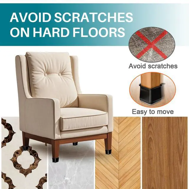 Alt view image 2 of 6 - 24 Pcs Chair Leg Floor Protectors Square,Black Silicone Felt Furniture Leg Pads Caps Covers for Hardwood Floors(Fit:1-1/16" to 1-5/8")