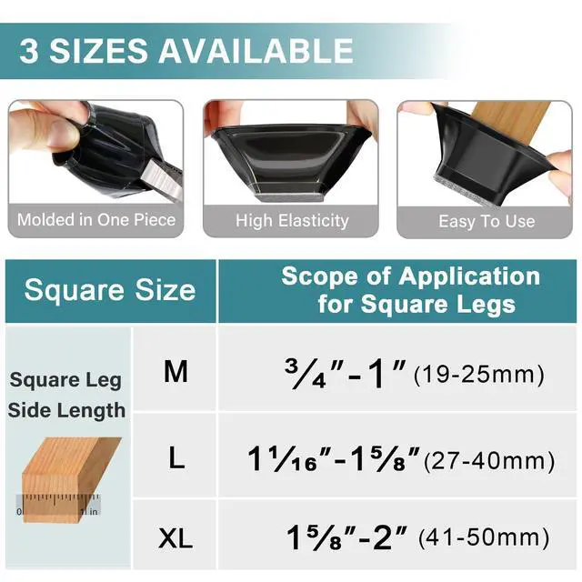 Alt view image 5 of 6 - 24 Pcs Chair Leg Floor Protectors Square,Black Silicone Felt Furniture Leg Pads Caps Covers for Hardwood Floors(Fit:1-1/16" to 1-5/8")