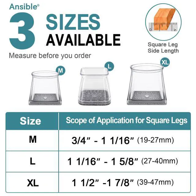 Alt view image 5 of 6 - 24 Pcs Chair Leg Floor Protectors Square, Silicone Felt Furniture Leg Pads Caps Covers for Hardwood Floors (Fit:3/4" to 1-1/16")