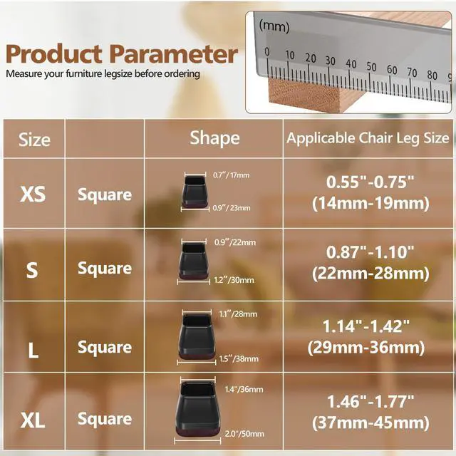 Alt view image 2 of 7 - 16Pcs Square Chair Leg Floor Protectors with Thickened Felt Pads Silicone Chair Leg Covers Caps to Protect Hardwood Tile Floors Furniture Feet Reduce Noise (Black XS Fit 0.55"-0.75")
