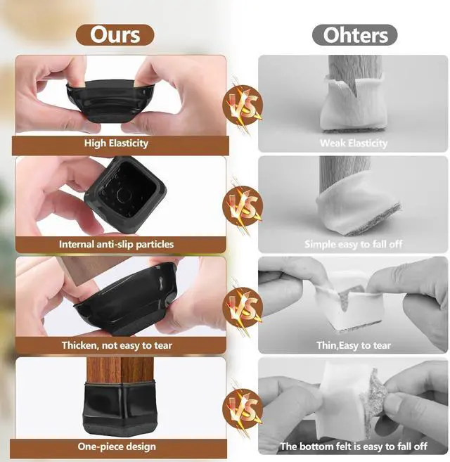 Alt view image 3 of 7 - 16Pcs Square Chair Leg Floor Protectors with Thickened Felt Pads Silicone Chair Leg Covers Caps to Protect Hardwood Tile Floors Furniture Feet Reduce Noise (Black XS Fit 0.55"-0.75")