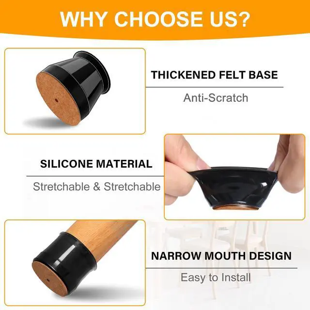 Alt view image 5 of 6 - 24 pcs Black Chair Leg Floor Protectors, Furniture Felt Pads Silicone Covers caps for Chairs,Chair Leg Protectors for Hardwood Floors (Large fit:1.3''-2'')