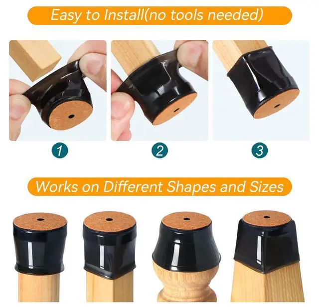 Alt view image 4 of 6 - 24 pcs Black Chair Leg Floor Protectors, Furniture Felt Pads Silicone Covers caps for Chairs,Chair Leg Protectors for Hardwood Floors (Large fit:1.3''-2'')