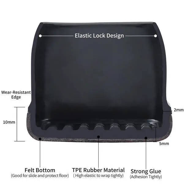 Alt view image 3 of 7 - 8PCS Felt Chair Leg Floor Protectors Rectangular Chair Leg Caps for Bed Chair Furniture Leg Protectors, Black Bar Stool Floor Protectors for Hardwood Floors, Fit Length 1.3"-1.7", Width 0.9"-1.2"