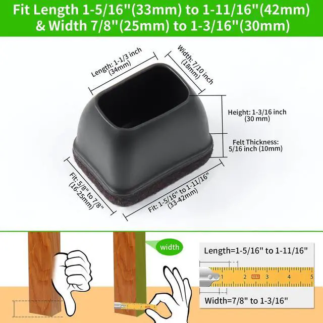Alt view image 5 of 7 - 8PCS Felt Chair Leg Floor Protectors Rectangular Chair Leg Caps for Bed Chair Furniture Leg Protectors, Black Bar Stool Floor Protectors for Hardwood Floors, Fit Length 1.3"-1.7", Width 0.9"-1.2"
