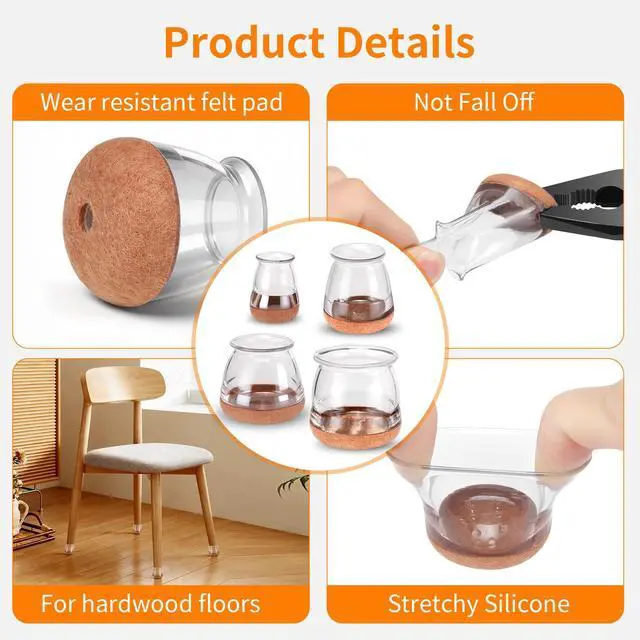 Alt view image 6 of 6 - 16 PCS Chair Leg Floor Protectors for Hardwood Floors, Furniture Feet Silicone Covers & Rubber Caps, Felt Pads Protect Wood Floor Scratch & Reduce Noise (Round Fit 1/2"~3/4", 14~19mm)