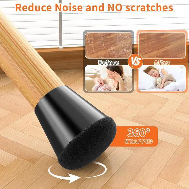 Alt view image 3 of 7 - Chair Leg Floor Protectors Extra Small 16 Pcs,Silicone Chair Leg Protectors for Hardwood Floors/Tiles,360°Wrapped Felt Bottom to Prevent Scratch and Reduce Noise, Round Black(Fit:0.6"-0.8")