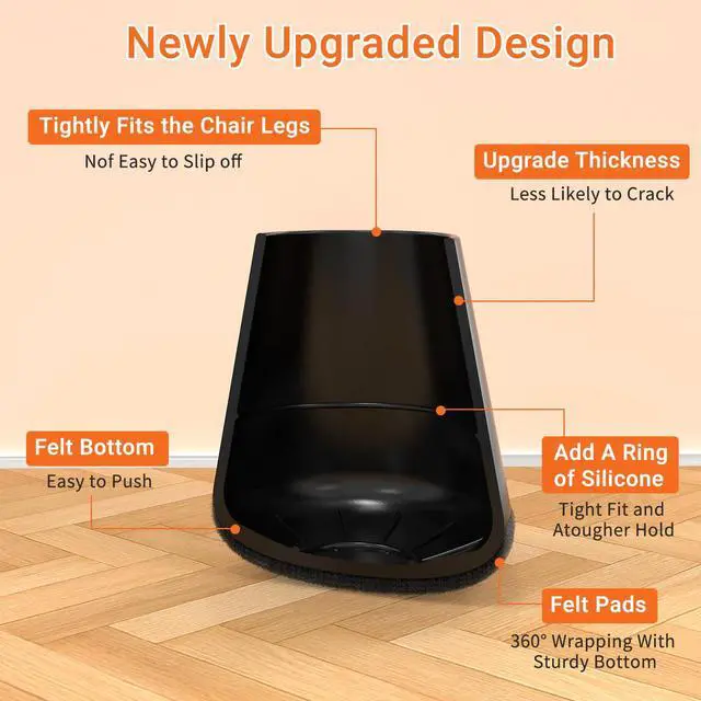 Alt view image 4 of 7 - Chair Leg Floor Protectors Extra Small 16 Pcs,Silicone Chair Leg Protectors for Hardwood Floors/Tiles,360°Wrapped Felt Bottom to Prevent Scratch and Reduce Noise, Round Black(Fit:0.6"-0.8")