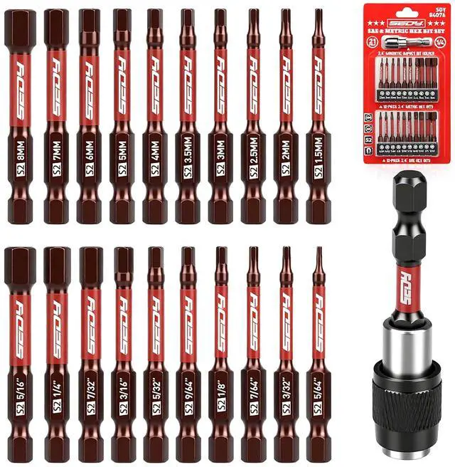 Main image of 21-Piece 2.5" Hex Head Allen Wrench Drill Bit Set, 1/4" Hex Screwdriver Bits Set with Durable Magnetic Impact Bit Holder, SAE & Metric Allen Key, S2 Steel, Mechanic Home Repair