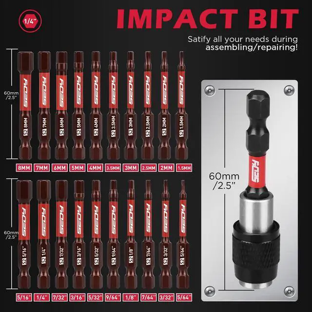 Alt view image 2 of 7 - 21-Piece 2.5" Hex Head Allen Wrench Drill Bit Set, 1/4" Hex Screwdriver Bits Set with Durable Magnetic Impact Bit Holder, SAE & Metric Allen Key, S2 Steel, Mechanic Home Repair