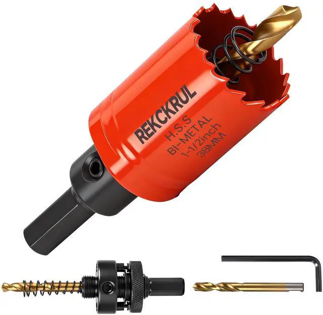 Main image of (38mm | 1-1/2 Inch) HSS M42 with 8% Cobalt Bi-Metal Hole Saw for Wood, Metal, Plastic, Drywall, PVC, Gypsum Board, Rubber Includes Arbor, 2 Pilot Drill Bits & Hex Key