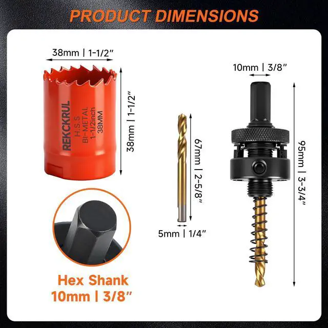 Alt view image 2 of 7 - (38mm | 1-1/2 Inch) HSS M42 with 8% Cobalt Bi-Metal Hole Saw for Wood, Metal, Plastic, Drywall, PVC, Gypsum Board, Rubber Includes Arbor, 2 Pilot Drill Bits & Hex Key