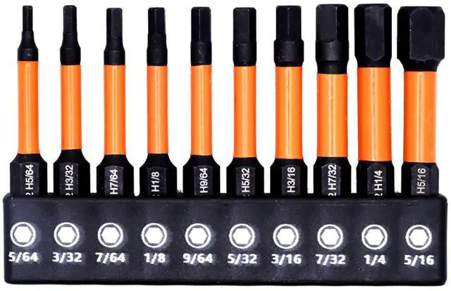 Main image of Impact Hex Head Allen Wrench Bits Set 10Pcs SAE H 5/64 - H 5/16, 2 Inch Length with 1/4 Inch Hex Shank, S2 Steel Magnetic Impact Hexagonal Screwdriver Bits