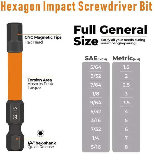 Alt view image 2 of 6 - Impact Hex Head Allen Wrench Bits Set 10Pcs SAE H 5/64 - H 5/16, 2 Inch Length with 1/4 Inch Hex Shank, S2 Steel Magnetic Impact Hexagonal Screwdriver Bits