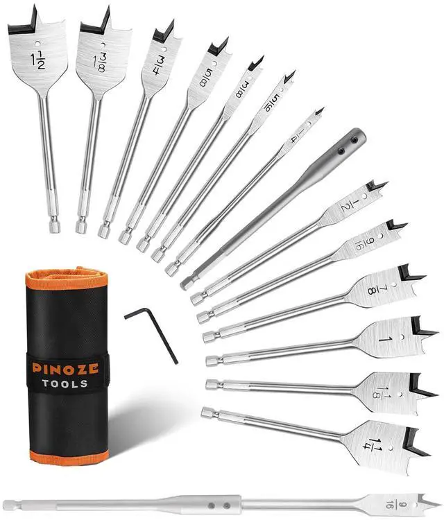 Main image of 14-Piece Spade Drill Bit Sets with 6 Extension, Paddle Flat Bit for Hole Cutter Woodworking, 1/4" to 1-1/2", Quick Change 1/4 inch Hex Shank, Nylon Storage Pouch Included