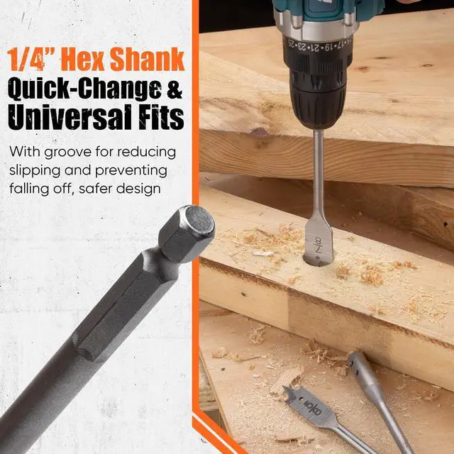 Alt view image 5 of 7 - 14-Piece Spade Drill Bit Sets with 6 Extension, Paddle Flat Bit for Hole Cutter Woodworking, 1/4" to 1-1/2", Quick Change 1/4 inch Hex Shank, Nylon Storage Pouch Included