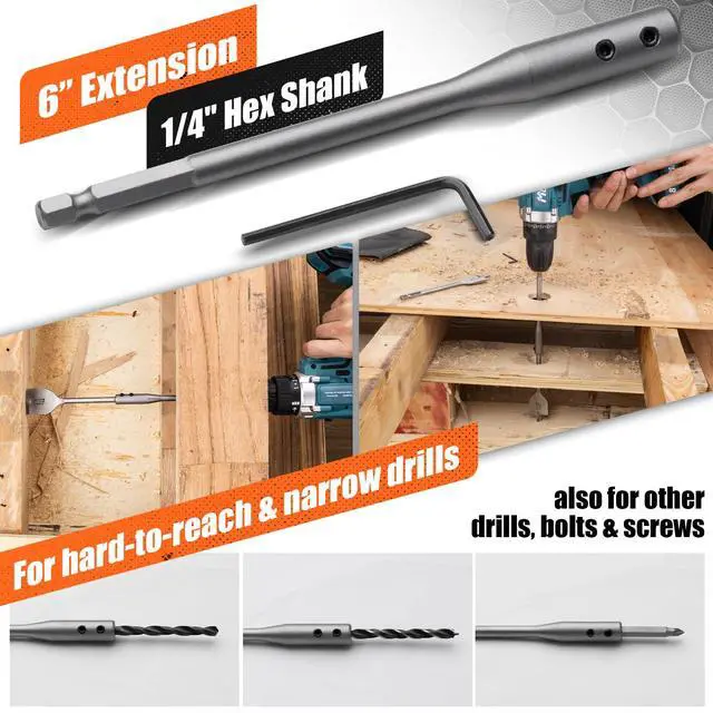 Alt view image 4 of 7 - 14-Piece Spade Drill Bit Sets with 6 Extension, Paddle Flat Bit for Hole Cutter Woodworking, 1/4" to 1-1/2", Quick Change 1/4 inch Hex Shank, Nylon Storage Pouch Included