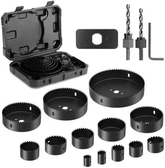 Main image of 19 PCS Hole Saw Kit, 3/4" to 5"(19mm-127mm) Hole Saw Set in Case, Holesaw Multi Tool with 2 Mandrels, 2 Drill Bits, Installation Plate & Hex Key for Soft Wood, PVC Board, Plywood, Drywall