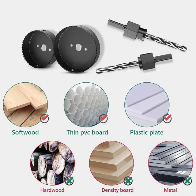 Alt view image 7 of 7 - 19 PCS Hole Saw Kit, 3/4" to 5"(19mm-127mm) Hole Saw Set in Case, Holesaw Multi Tool with 2 Mandrels, 2 Drill Bits, Installation Plate & Hex Key for Soft Wood, PVC Board, Plywood, Drywall