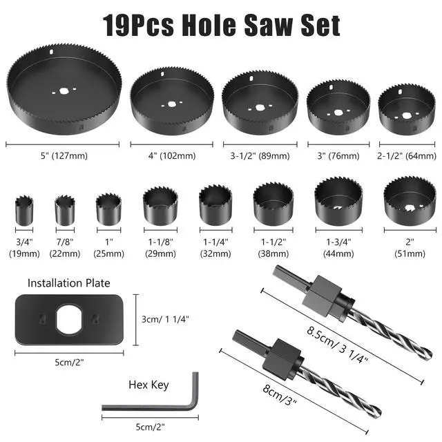 Alt view image 2 of 7 - 19 PCS Hole Saw Kit, 3/4" to 5"(19mm-127mm) Hole Saw Set in Case, Holesaw Multi Tool with 2 Mandrels, 2 Drill Bits, Installation Plate & Hex Key for Soft Wood, PVC Board, Plywood, Drywall