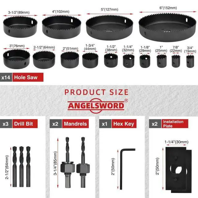 Alt view image 2 of 7 - Hole Saw Set 24 PCS Hole Saw Kit, Hole Saw Drill Bit Kit, 3/4"-6" (19-152mm) 14 PCS Saw Blades, for Drywall, Soft Wood, Plywood, Plastic, PVC