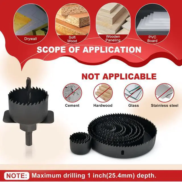 Alt view image 7 of 7 - Hole Saw Set 24 PCS Hole Saw Kit, Hole Saw Drill Bit Kit, 3/4"-6" (19-152mm) 14 PCS Saw Blades, for Drywall, Soft Wood, Plywood, Plastic, PVC