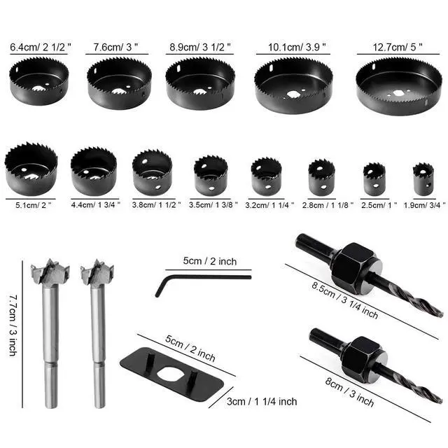 Alt view image 2 of 7 - Hole Saw Set, 22PCS Hole Saw Kit with 3/4" to 5" (19mm-127mm) 13Pcs Saw Blades, Mandrels, Installation Plate, Drill Bits, Hex Key with Storage Box, Ideal for Soft Wood, Plywood, Drywall, PVC