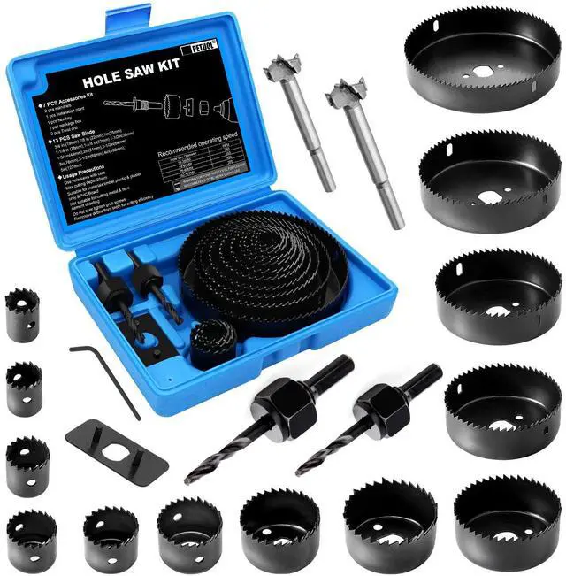 Main image of Hole Saw Set, 22PCS Hole Saw Kit with 3/4" to 5" (19mm-127mm) 13Pcs Saw Blades, Mandrels, Installation Plate, Drill Bits, Hex Key with Storage Box, Ideal for Soft Wood, Plywood, Drywall, PVC