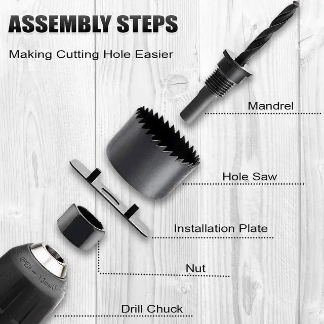 Alt view image 3 of 7 - Hole Saw Set, 22PCS Hole Saw Kit with 3/4" to 5" (19mm-127mm) 13Pcs Saw Blades, Mandrels, Installation Plate, Drill Bits, Hex Key with Storage Box, Ideal for Soft Wood, Plywood, Drywall, PVC