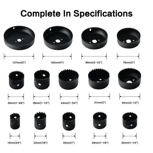 Alt view image 3 of 6 - Hole Saw Set, 19Pcs Hole Saw Kit with General Purpose 3/4" to 5"(19-127mm) Saw Blades, Mandrels, Drill Bits, Installation Plate, Hex Key with Storage Case, Idear for Wood, Plywood, PVC Board