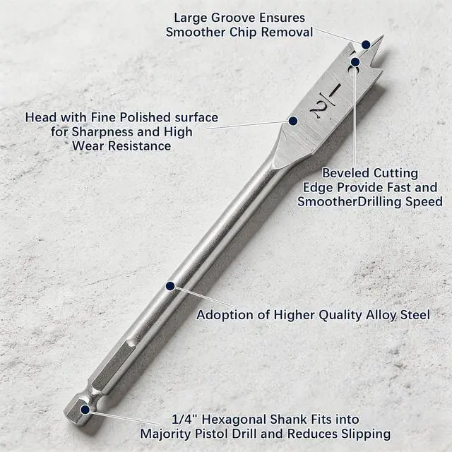 Alt view image 3 of 7 - 13-Piece Spade Drill Bit Sets, Alloy Steel Paddle Flat Bit with Shank, Flat Wood Hole Cutter Fit for Woodworking, Assorted Bits with Nylon Storage Pouch, 1/4" to 1-1/2"