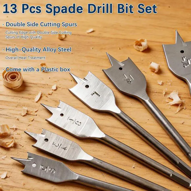 Alt view image 5 of 7 - 13-Piece Spade Drill Bit Sets, Alloy Steel Paddle Flat Bit with Shank, Flat Wood Hole Cutter Fit for Woodworking, Assorted Bits with Nylon Storage Pouch, 1/4" to 1-1/2"