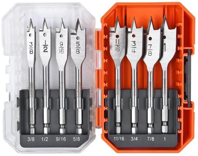 Main image of Spade Drill Bits Set, Paddle Flat Bits 3/8 Inch to 1 Inch for Wood, Plastic, Aluminum Hole Cutting with Tough Case 8-Piece