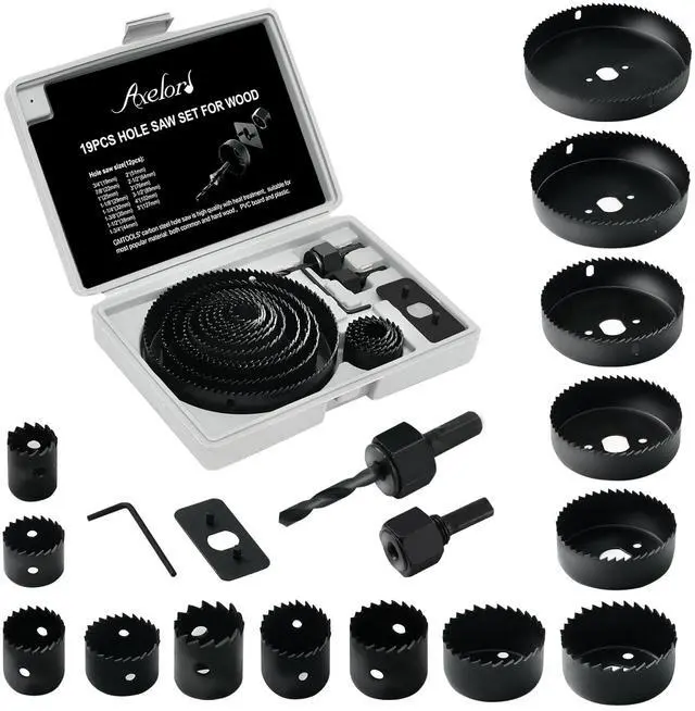 Main image of Hole Saw Set, 19Pcs Hole Saw Kit with 3/4" to 5" (19mm-127mm) Saw Blades, Mandrels, Drill Bits, Installation Plate, Hex Key, Ideal for Soft Wood, Plastic, PVC Board, Drywall with Storage Case