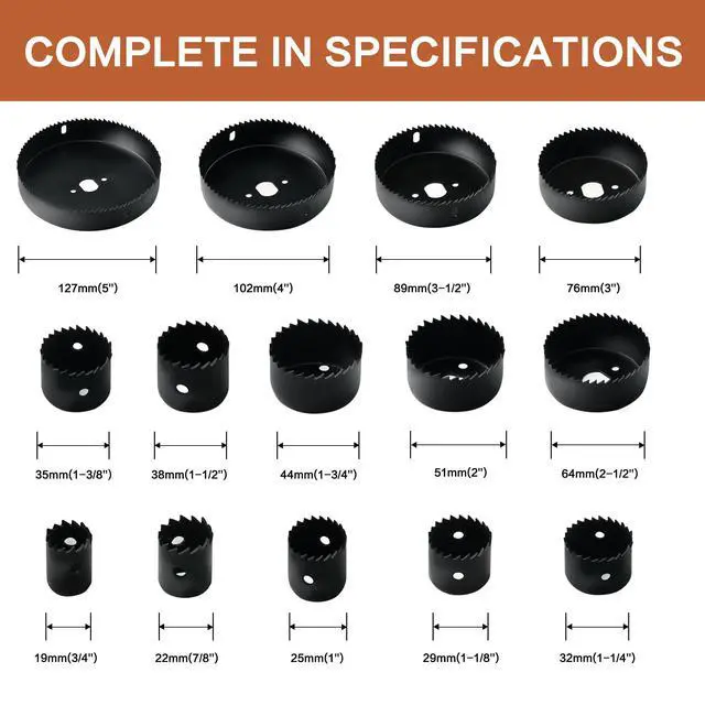 Alt view image 3 of 6 - Hole Saw Set, 19Pcs Hole Saw Kit with 3/4" to 5" (19mm-127mm) Saw Blades, Mandrels, Drill Bits, Installation Plate, Hex Key, Ideal for Soft Wood, Plastic, PVC Board, Drywall with Storage Case