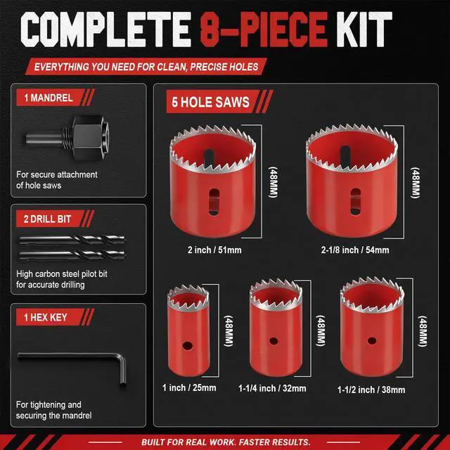 Alt view image 2 of 7 - 8PCS Hole Saw Kit 1"-2-1/8" Deep Cut 48mm for Wood, Plastic, Drywall