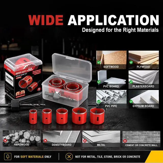 Alt view image 7 of 7 - 8PCS Hole Saw Kit 1"-2-1/8" Deep Cut 48mm for Wood, Plastic, Drywall