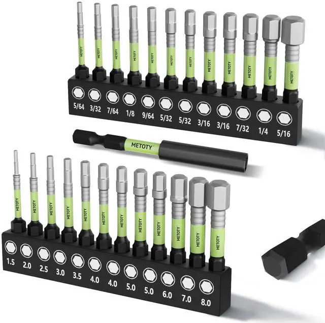 Main image of Impact Hex Head Allen Wrench Drill Bit Set, 25PCS, 2-inch (Metric & SAE) with 75mm Extension Bars, S2 Steel 1/4" Hex-Shank CNC Machined Magnetic Screwdriver Bit Set