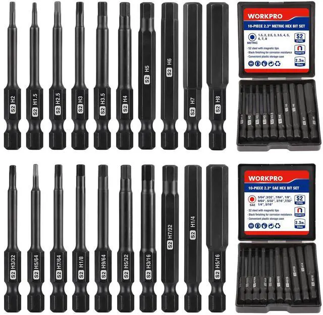 Main image of 20pcs Hex Head Allen Wrench Drill Bit Set, CNC Machined S2 Steel Magnetic Metric and SAE Hex Bits, 1/4 Inch Square Shank Driver Bits, 2.3" Long Screwdriver Bits Set With Storage Box