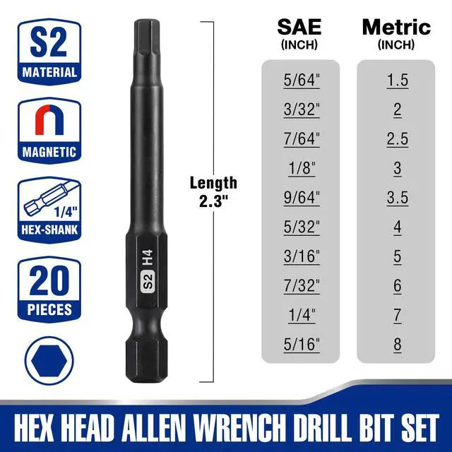Alt view image 2 of 7 - 20pcs Hex Head Allen Wrench Drill Bit Set, CNC Machined S2 Steel Magnetic Metric and SAE Hex Bits, 1/4 Inch Square Shank Driver Bits, 2.3" Long Screwdriver Bits Set With Storage Box