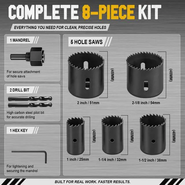 Alt view image 2 of 7 - 8PCS Deep Cut Hole Saw Kit 1" - 2-1/8" for Wood, PVC, Drywall, Plywood
