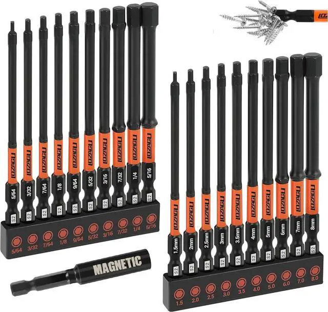 Main image of 21-Piece Hex Head Allen Wrench Drill Bit Set, Metric and SAE S2 Steel Hex Bits Set, Magnetic Tips, 4" Long with Bit Holder and Storage Box