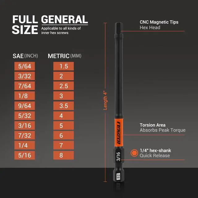 Alt view image 3 of 5 - 21-Piece Hex Head Allen Wrench Drill Bit Set, Metric and SAE S2 Steel Hex Bits Set, Magnetic Tips, 4" Long with Bit Holder and Storage Box