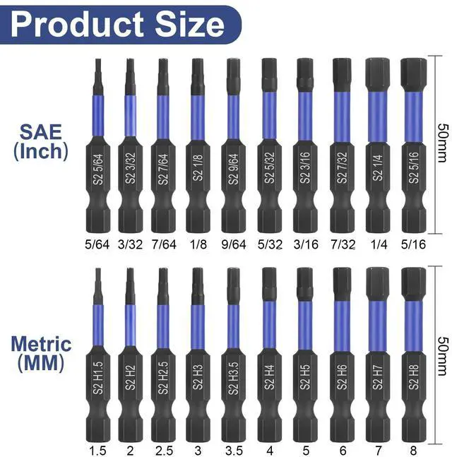 Alt view image 2 of 7 - Impact Hex Head Allen Wrench Drill Bit Set 20 Pcs - 2"(Metric&SAE)