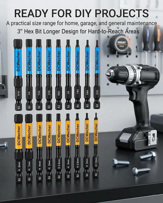 Alt view image 5 of 7 - 3-Inch Impact Hex Bit Set, 20PCS Long Allen Wrench Drill Bit Set