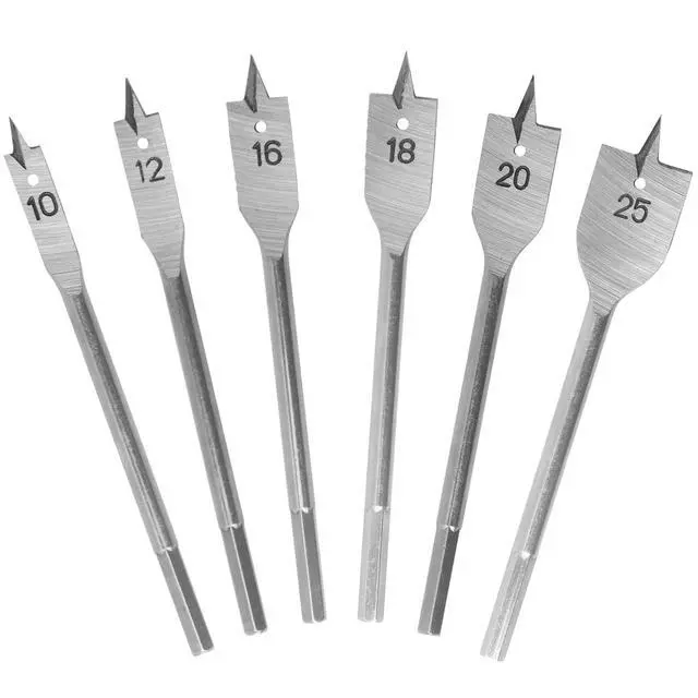 Main image of 6-Piece Spade Drill Bit Set Carbon Steel Paddle Bits with 1/4" Hex Shank Fast Drilling for Wood, Plywood, Particle Board & Fiberboard (10mm-25mm)