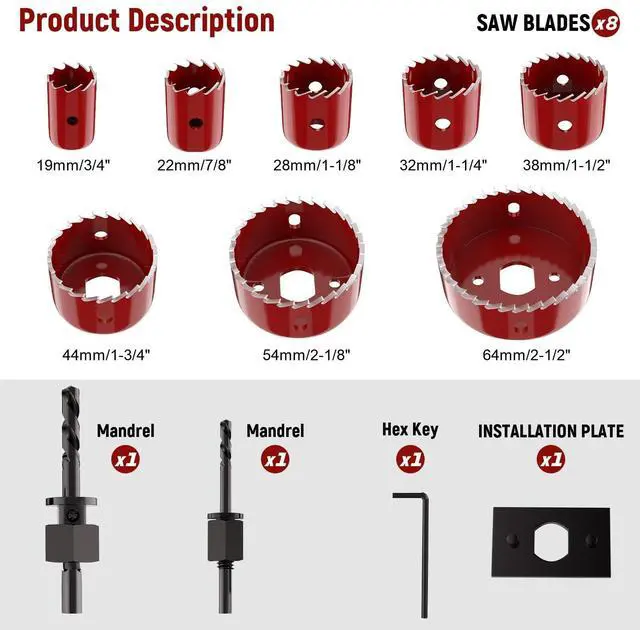 Alt view image 4 of 7 - 12-Piece Hole Saw Kit, 8 Sizes 3/4" to 2-1/2" Hole Saw Set in Case with Arbors, Drill Bits and Hex Key for Soft Wood, Plywood, PVC Board and Plastic