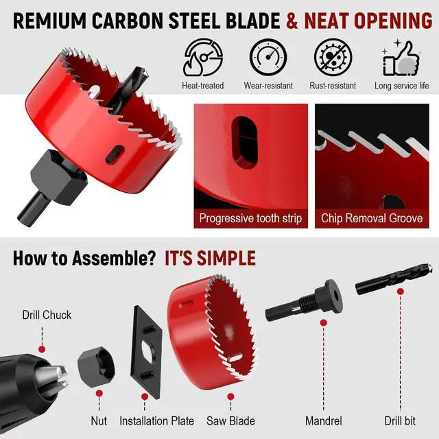 Alt view image 6 of 7 - 12-Piece Hole Saw Kit, 8 Sizes 3/4" to 2-1/2" Hole Saw Set in Case with Arbors, Drill Bits and Hex Key for Soft Wood, Plywood, PVC Board and Plastic